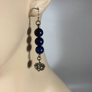 Handcrafted Natural Lapis Lazuli Earrings w Antique Bronze Pewter Buddhist Lotus